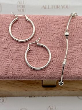 Sterling Silver 950 Set Model B | Chunky Beaded Bracelet 7” + 23mm Hoop Earrings